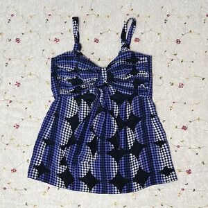 Y2K 100% Silk Babydoll Camisole Tank Top Blue Geometric Polka Dot Size Small